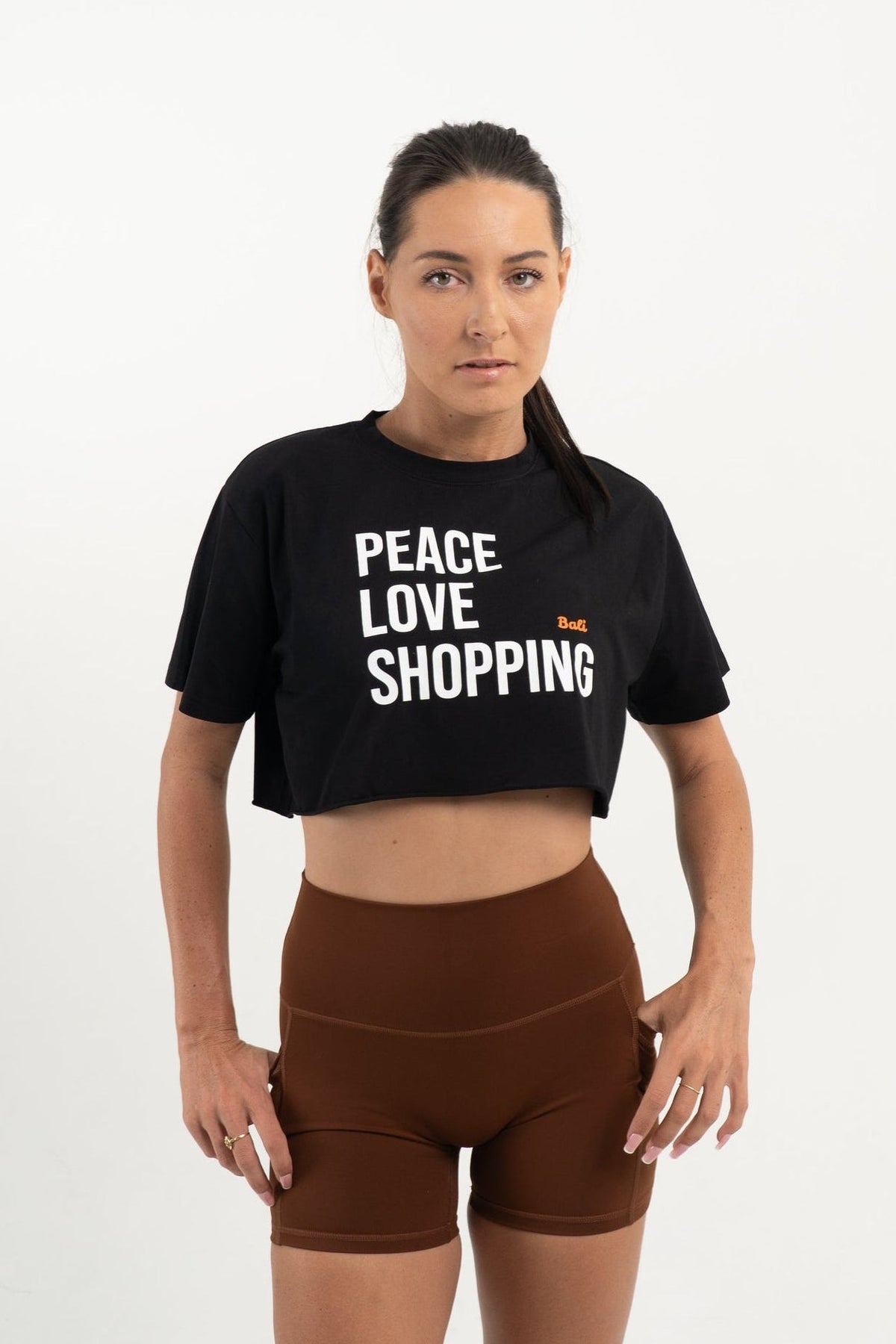 YR PLS Crop Top black women's graphic crop top at Yoga Republik Bali