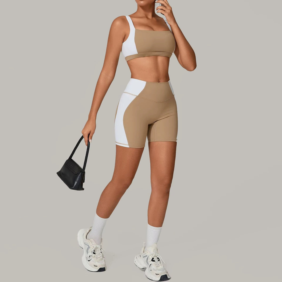 YR Sia Two-Toned Short Set coffee activewear at Yoga Republik Bali