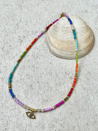 See No Evil evil eye heart charm rainbow bead necklace choker at Yoga Republik Bali