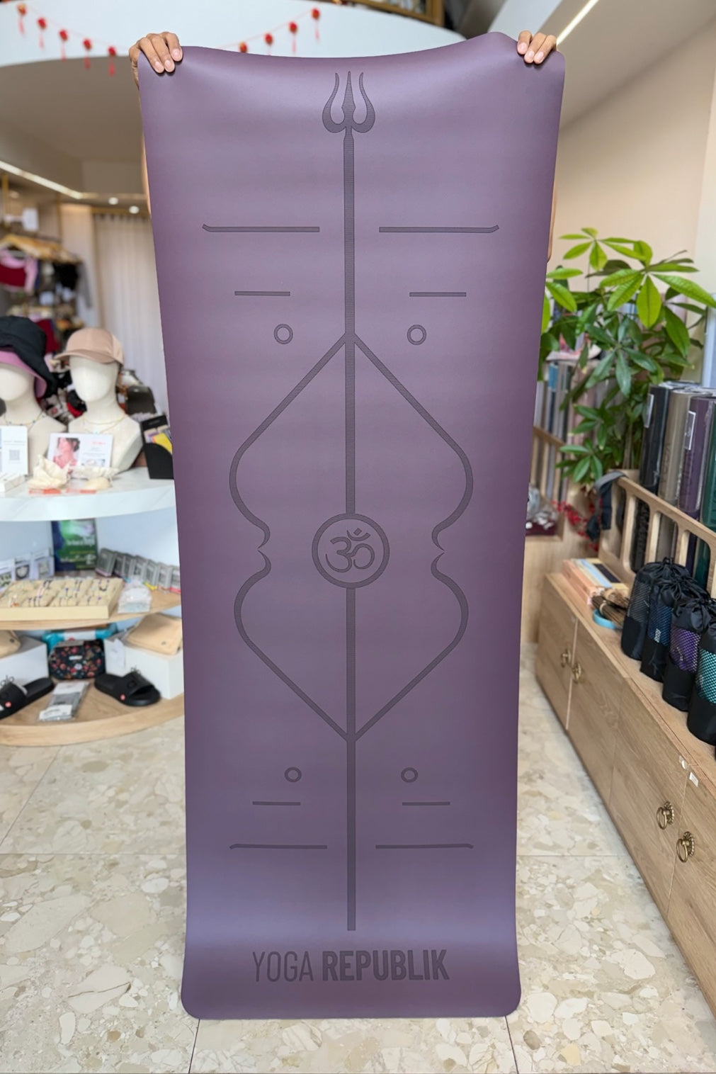 YR Travel Mat 1.5mm PU Rubber Om Align design Matras yoga anti slip travel at Yoga Republik Bali Indonesia