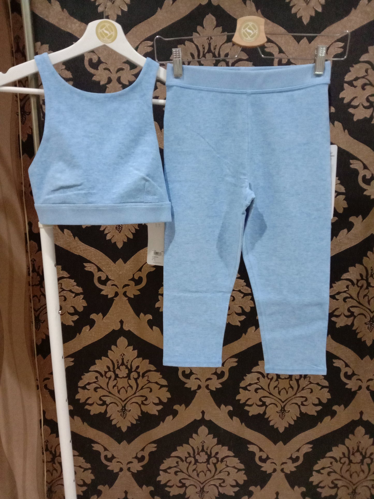 Alo Yoga KECIL Alosoft Pinggang Tinggi Ikonik 90-an Capri - Ubin Biru/Putih Heather