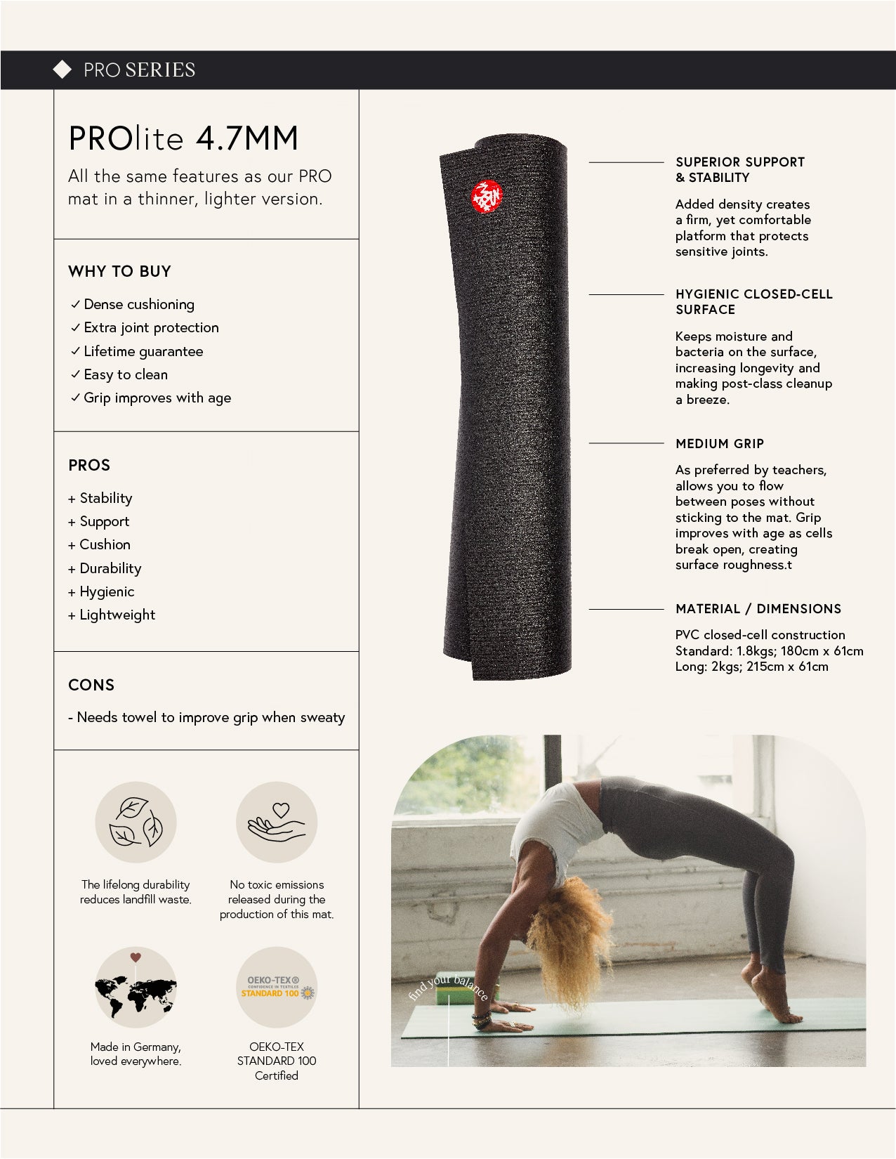 Manduka Prolite 71" Yoga Mat 4.7mm - Black