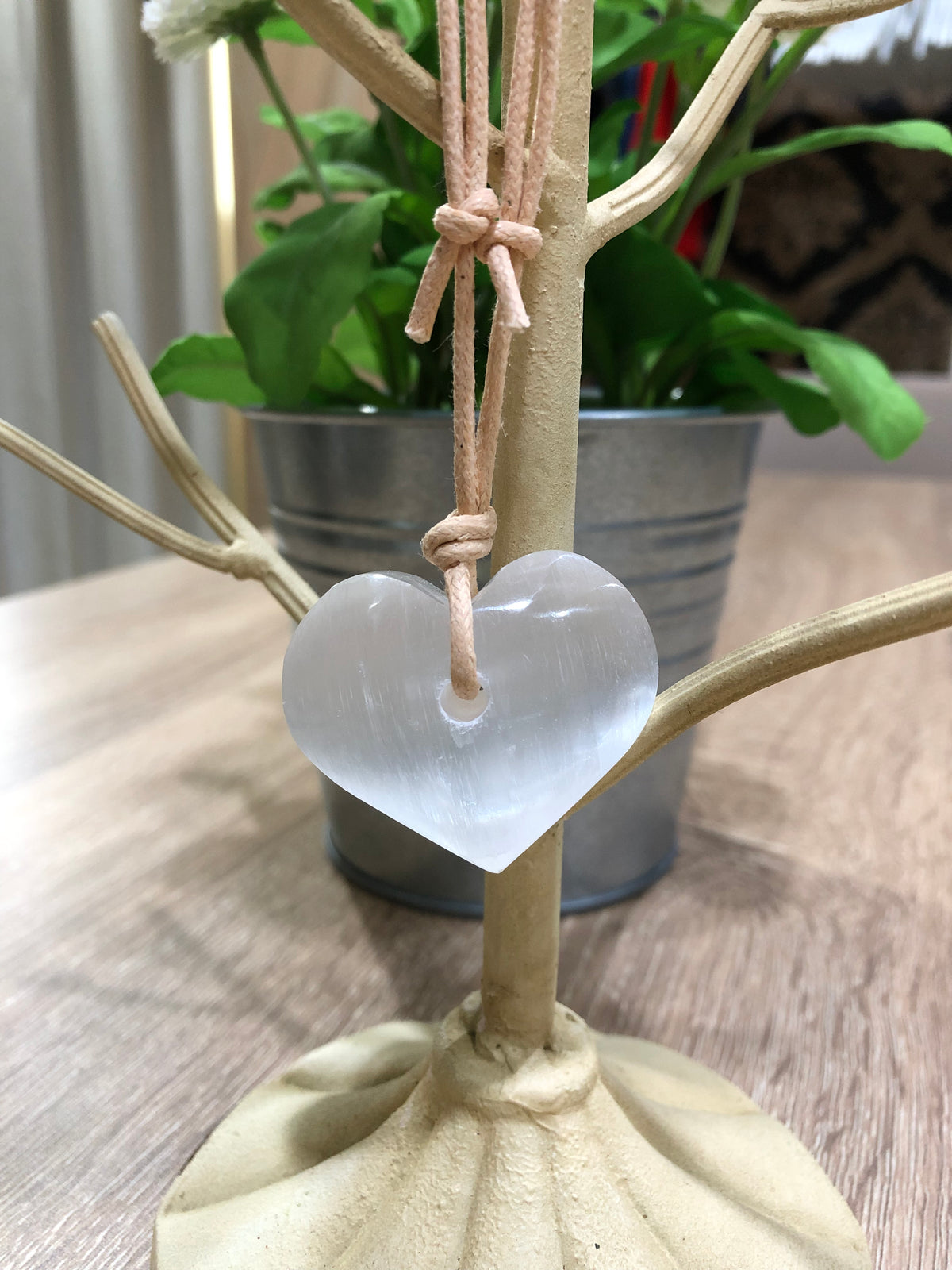 Soulcielite Selenite Heart Crystal Necklace beige strap at Yoga Republik Canggu Bali