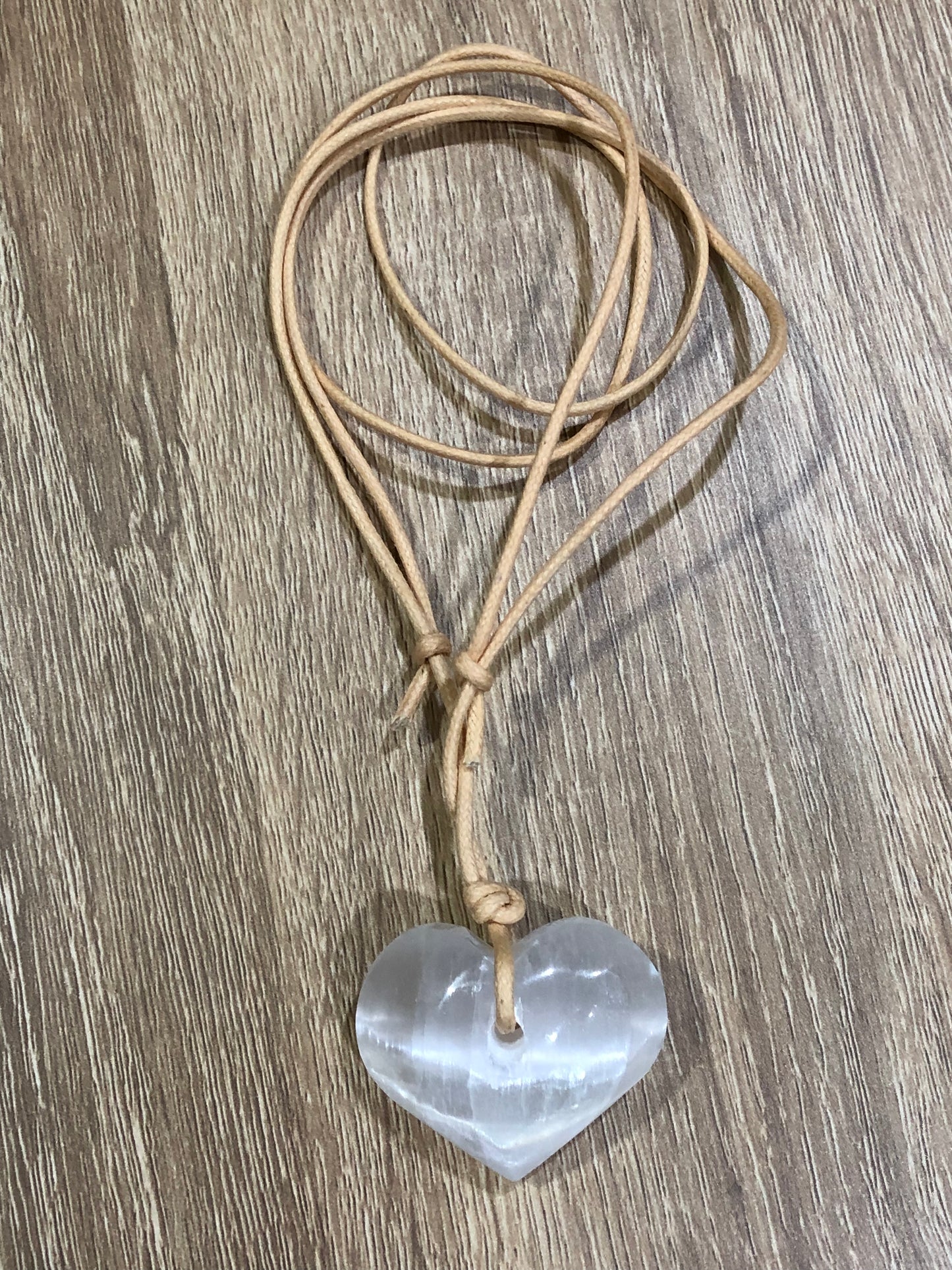 SELENITE Heart Crystal Necklace - Beige Strap