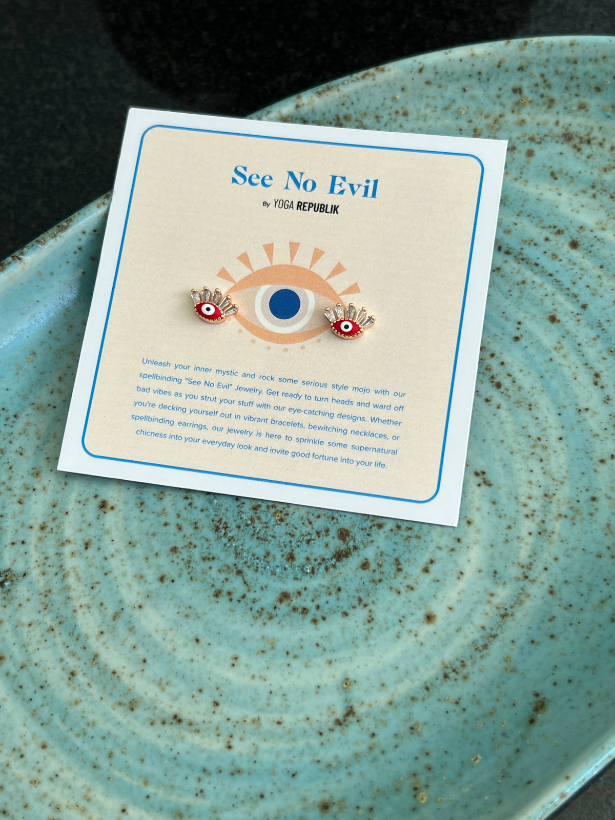 See No Evil Turkish evil eye gold stud earrings at Yoga Republik Canggu Bali