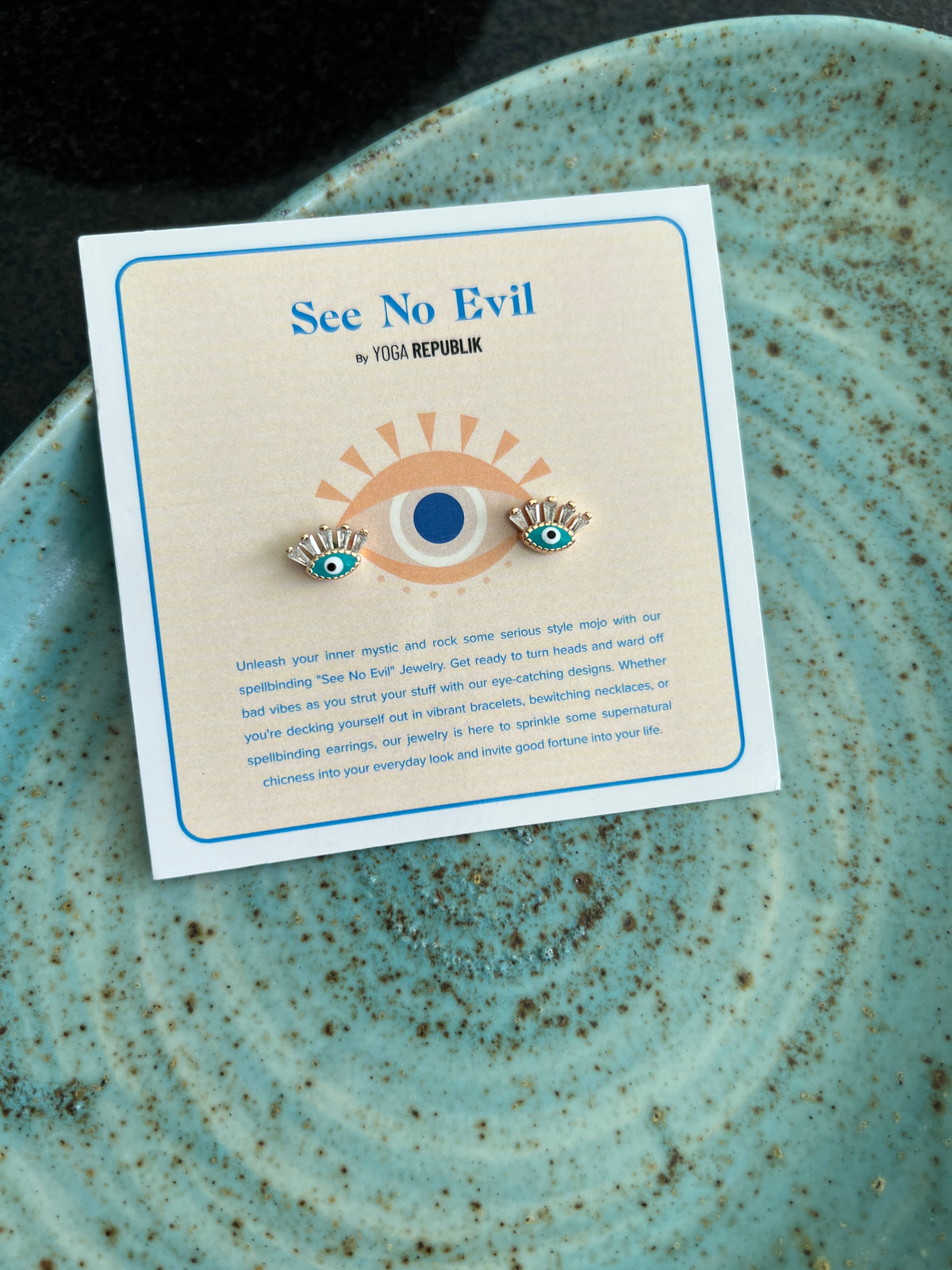 See No Evil Turkish evil eye gold stud earrings at Yoga Republik Canggu Bali