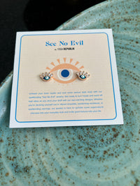 See No Evil Turkish evil eye gold stud earrings at Yoga Republik Canggu Bali