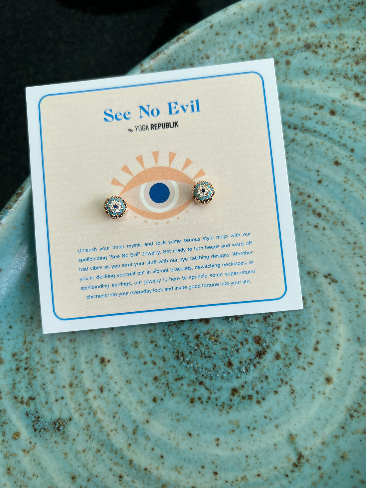 See No Evil Turkish evil eye gold stud earrings at Yoga Republik Canggu Bali