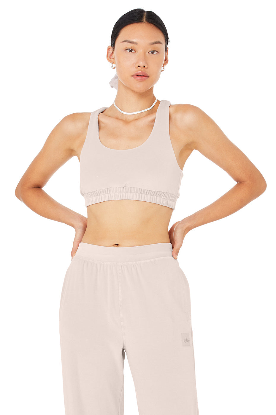 Alo Yoga XS Velour Glimmer Scoop Neck Bra - Dusty Pink